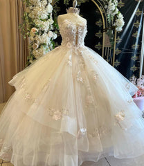 Elegant & Gorgeous Ball Gown Strapless Flowers Lace Appliques Tulle Birthday Prom Party Gown Princess Gown Quinceanera Dress For Sweet 16