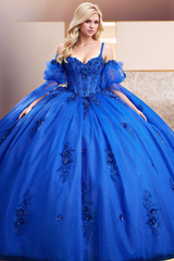 Elegant & Gorgeous Sweetheart Neck Spaghetti Straps Detachable Half Sleeves Beaded Appliques Tiered Royal Blue Tulle Quinceanera Dress Evening Party Dress For Sweet 16