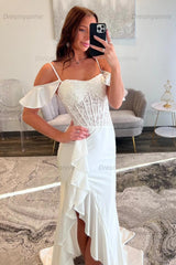 Elegant Ivory Lace Off The Shoulder Wedding Dress With Corset Bodice And High Slit Bridal Gown