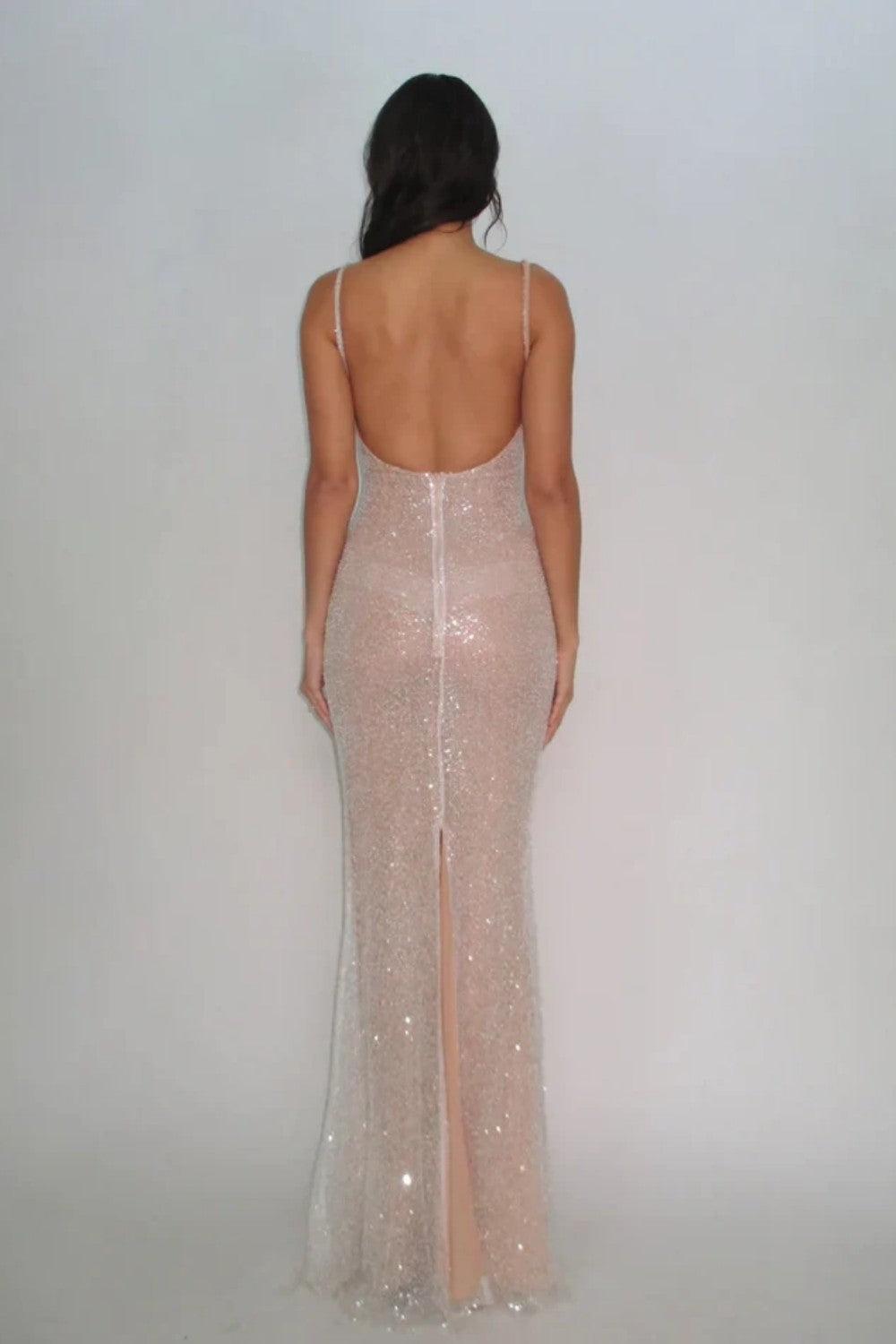 Elegant Light Champagne Sequin Bodycon Spaghetti Strap Prom Gown Formal Evening Gown