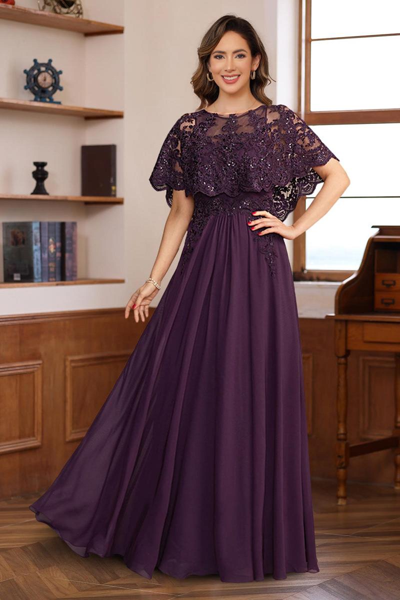 Elegant Long A Line Mother of the Bride & Groom Dresses with Round Neck and Lace Appliques