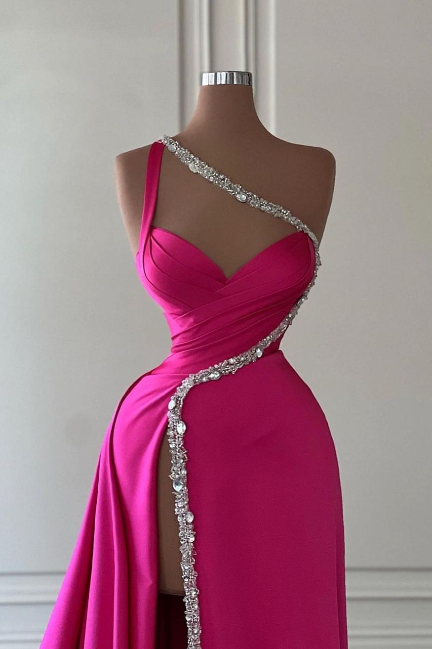 Elegant Long Fuchsia One Shoulder Jewels Sleeveless Prom Dress Long Slit