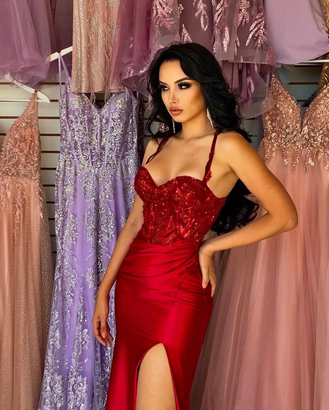 Elegant Long Red Spaghetti Straps Sequins Lace Sleeveless Prom Dress Long Slit