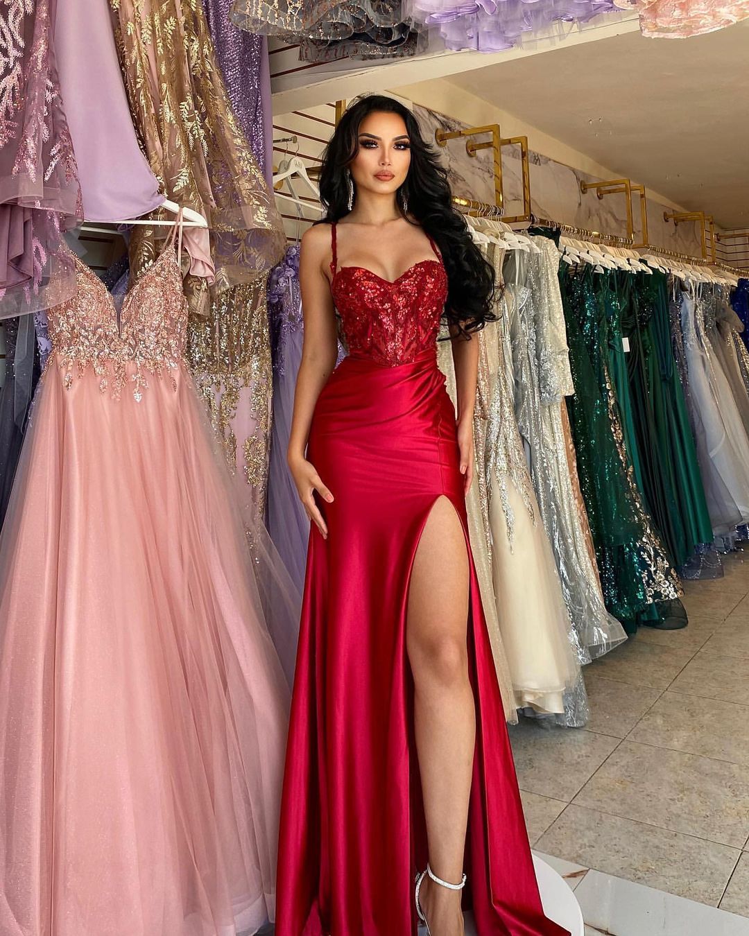 Elegant Long Red Spaghetti Straps Sequins Lace Sleeveless Prom Dress Long Slit