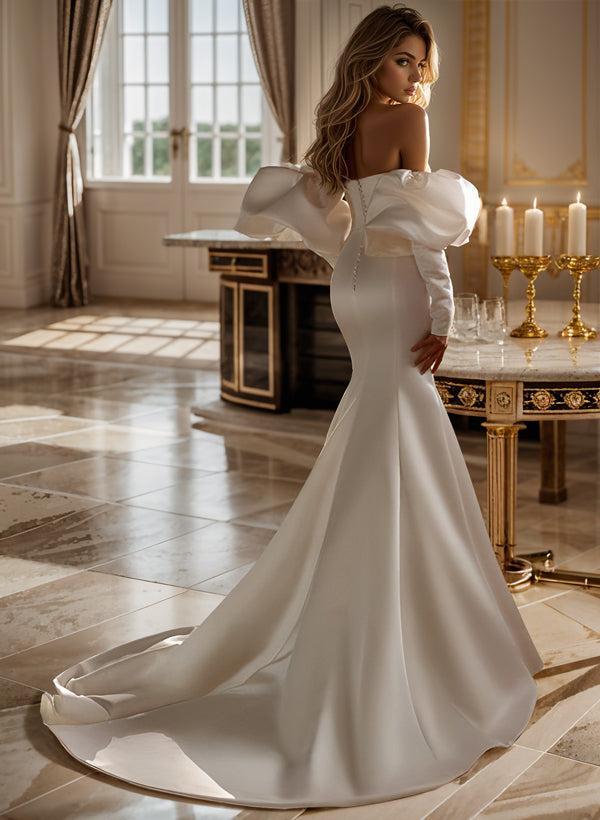 Dreamyannie Women Wedding Dress Elegant Long Sleeves Court Train Satin