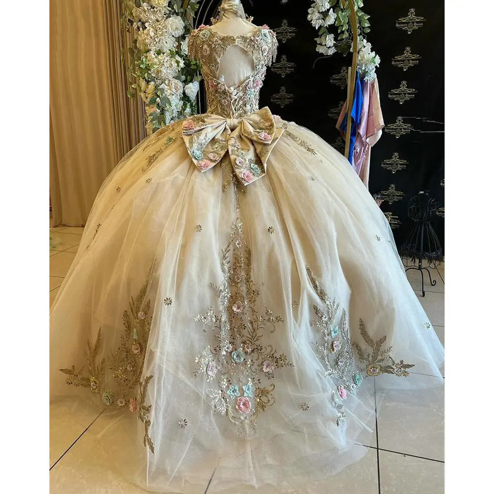 Elegant & Luxury Ball Gown Sweetheart Neck 3D Flowers Lace Appliques Beaded Bow Knot Champagne Tulle Quinceanera Dress Birthday Party Gown For Sweet 16