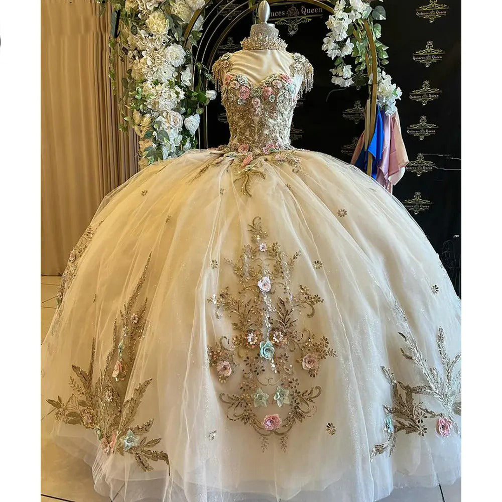 Elegant & Luxury Ball Gown Sweetheart Neck 3D Flowers Lace Appliques Beaded Bow Knot Champagne Tulle Quinceanera Dress Birthday Party Gown For Sweet 16