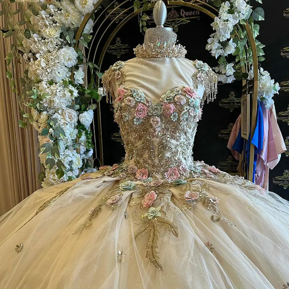 Elegant & Luxury Ball Gown Sweetheart Neck 3D Flowers Lace Appliques Beaded Bow Knot Champagne Tulle Quinceanera Dress Birthday Party Gown For Sweet 16