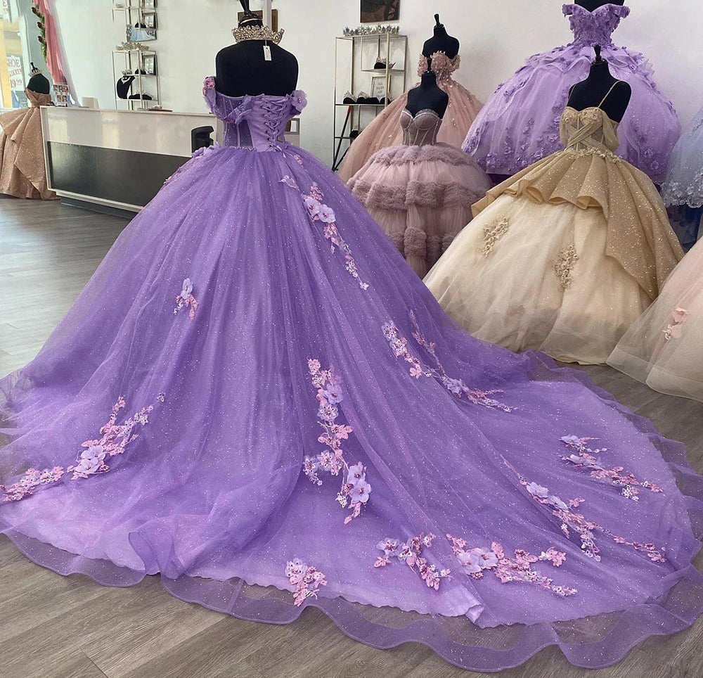 Elegant & Modern Ball Gown Off Shoulder 3D Flowers Lace Appliques Purple Tulle Quinceanera Dress Birthday Party Gown For Sweet 16