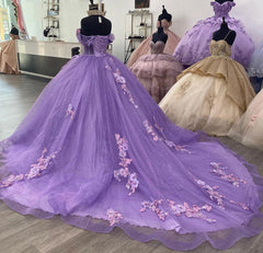 Elegant & Modern Ball Gown Off Shoulder 3D Flowers Lace Appliques Purple Tulle Quinceanera Dress Birthday Party Gown For Sweet 16