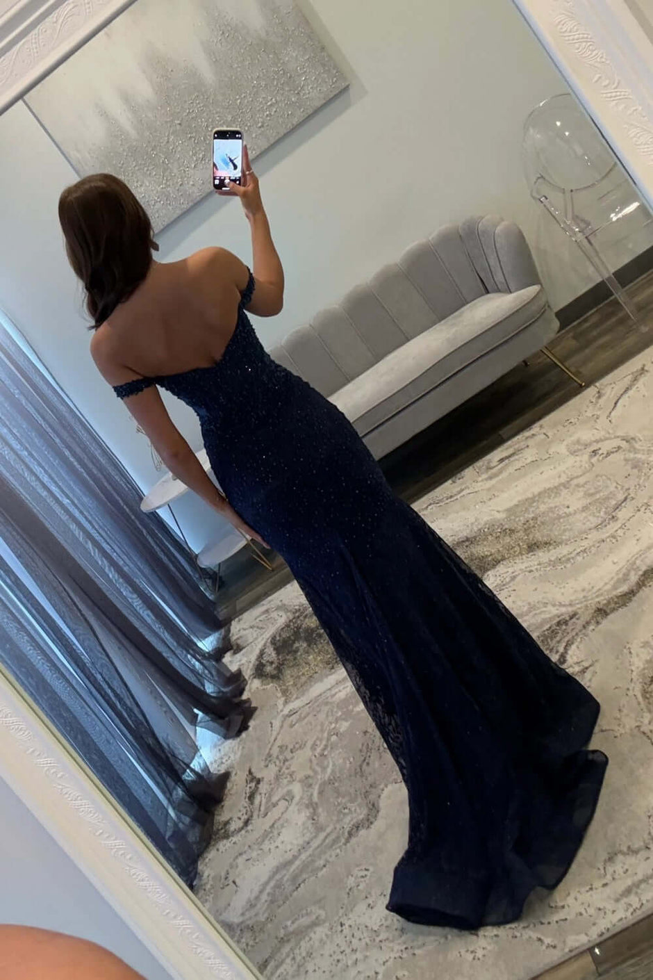 sachin and babi light blue dress Black Lace Affordable 2021 Long Prom Dresses, Off Shoulder Elegant Pro –  ClaireBridal main image 1