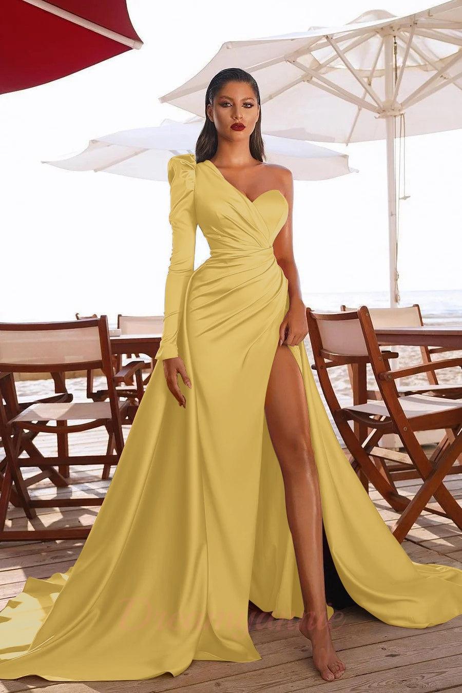 Elegant One Shoulder Long Sleeve Prom Dress With Slit