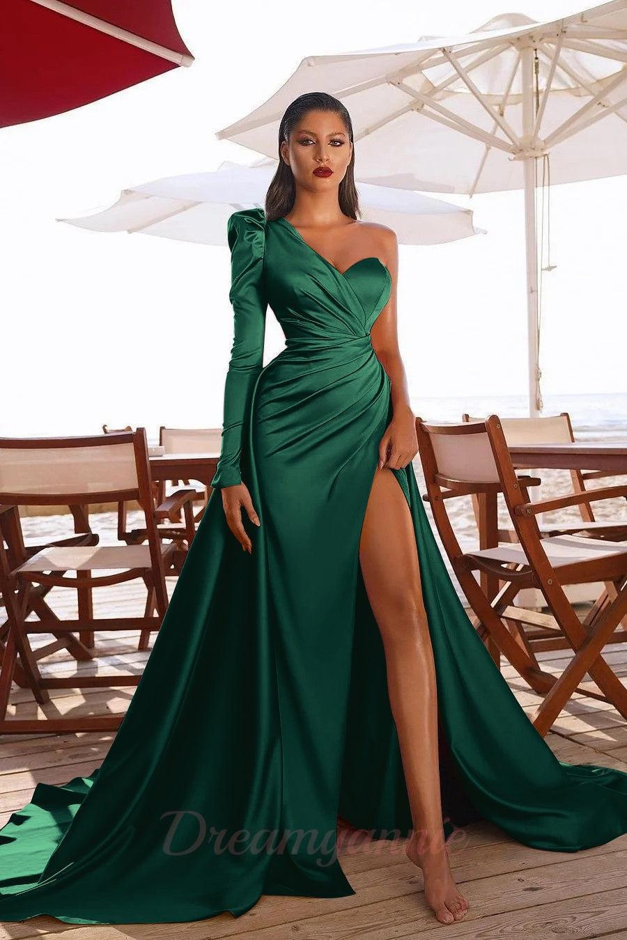 Elegant One Shoulder Long Sleeve Prom Dress With Slit