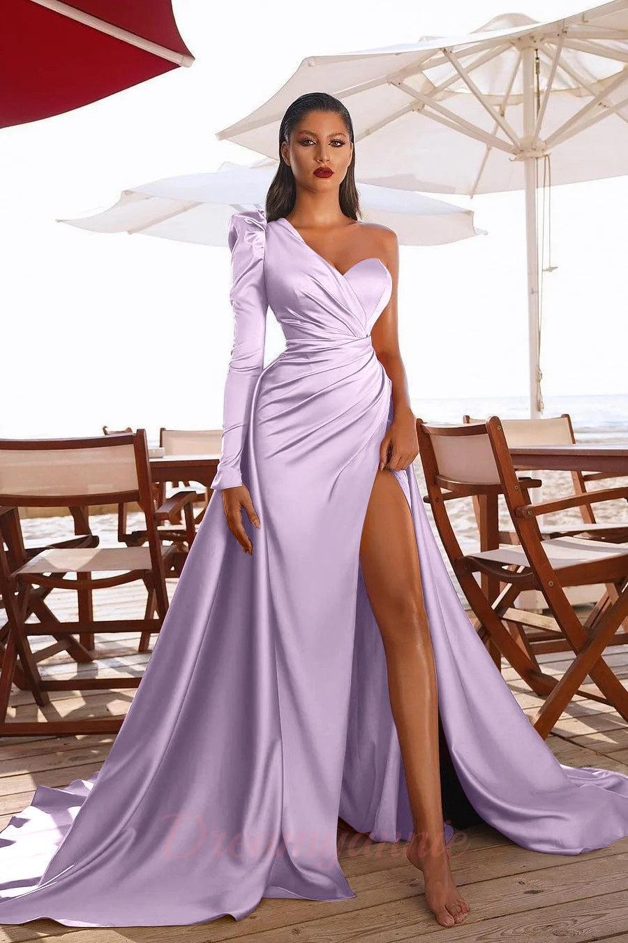 Elegant One Shoulder Long Sleeve Prom Dress With Slit
