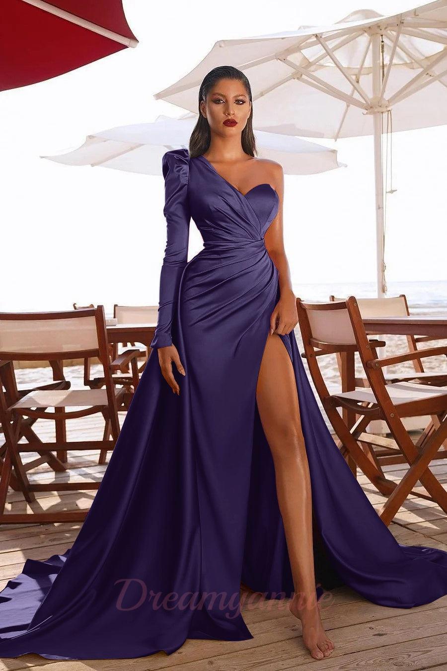 Elegant One Shoulder Long Sleeve Prom Dress With Slit