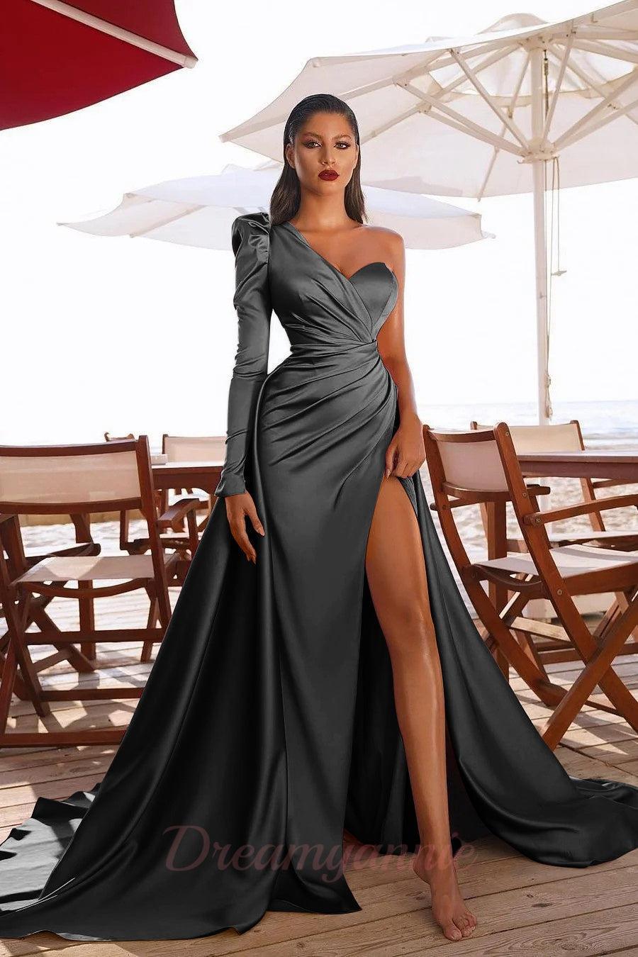 Elegant One Shoulder Long Sleeve Prom Dress With Slit