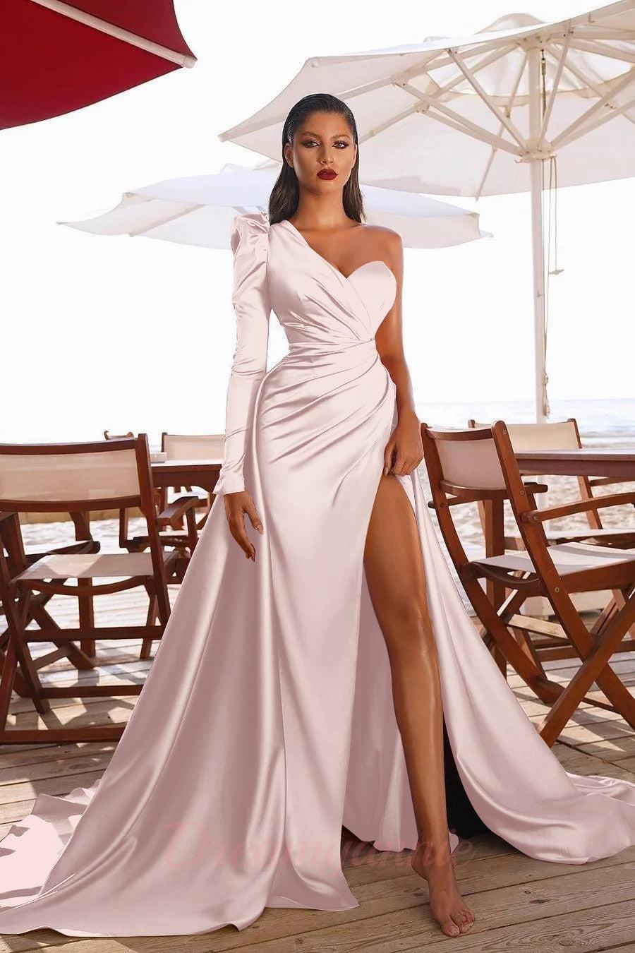 Elegant One Shoulder Long Sleeve Prom Dress With Slit