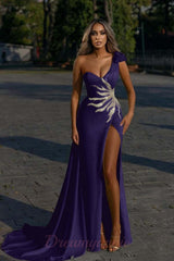 Elegant One Shoulder Yellow High Split Sleevless Mermaid Prom Dress