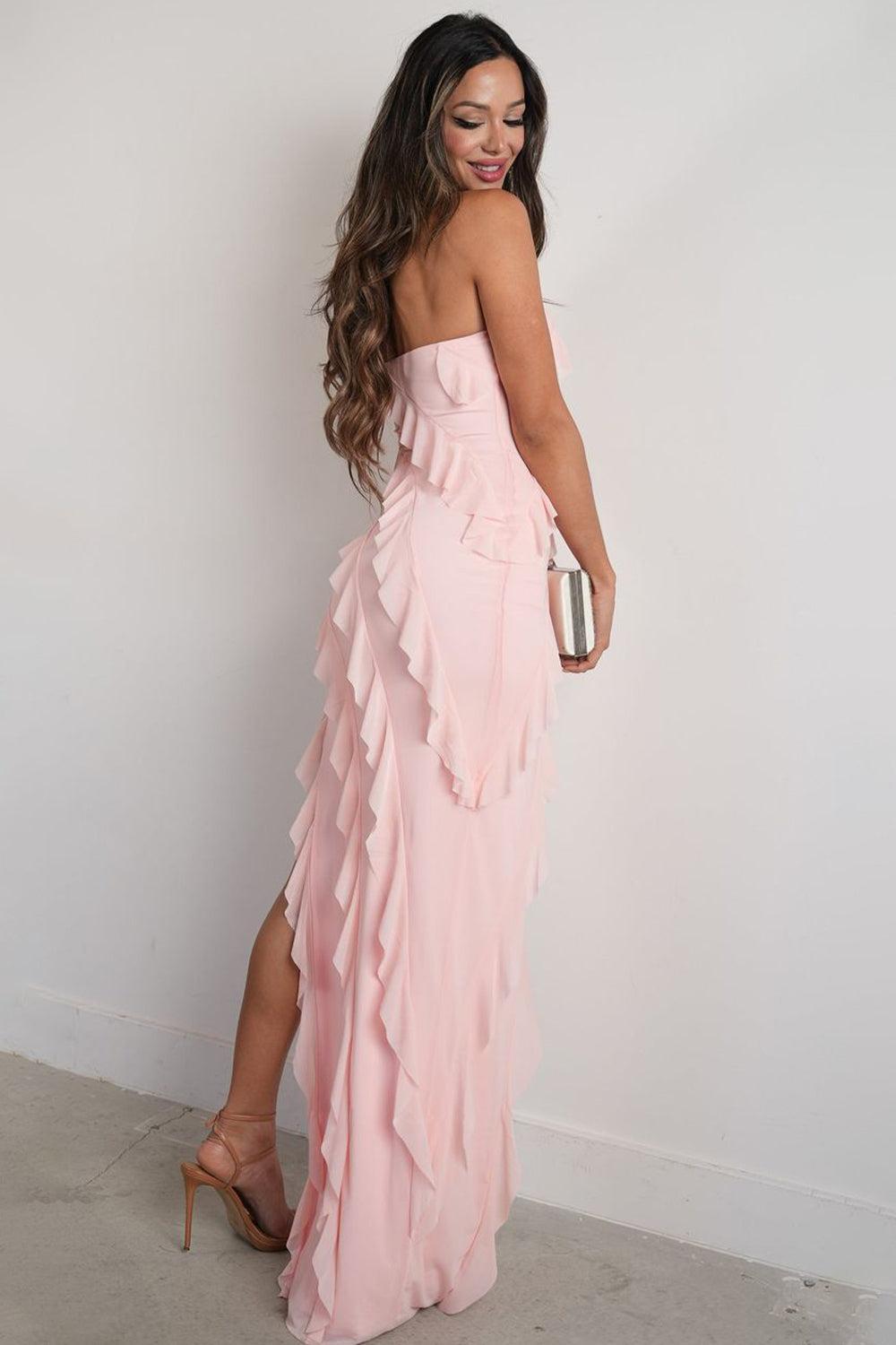 Elegant Pink Strapless Cascading Ruffle Long Prom Evening Dress Formal Evening Gown