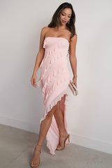 Elegant Pink Strapless Cascading Ruffle Long Prom Evening Dress Formal Evening Gown