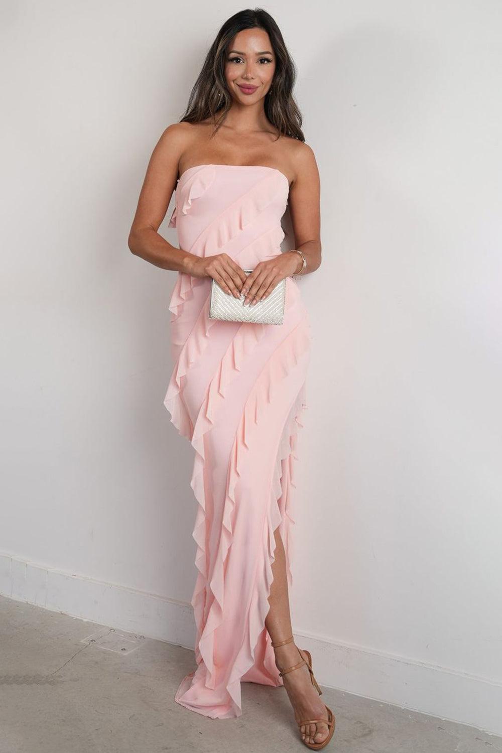 Elegant Pink Strapless Cascading Ruffle Long Prom Evening Dress Formal Evening Gown