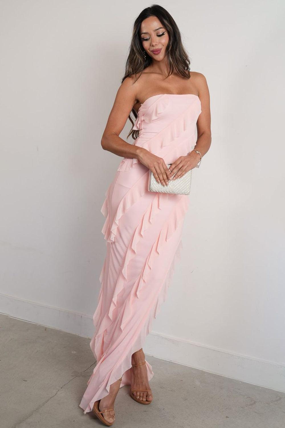 Elegant Pink Strapless Cascading Ruffle Long Prom Evening Dress Formal Evening Gown