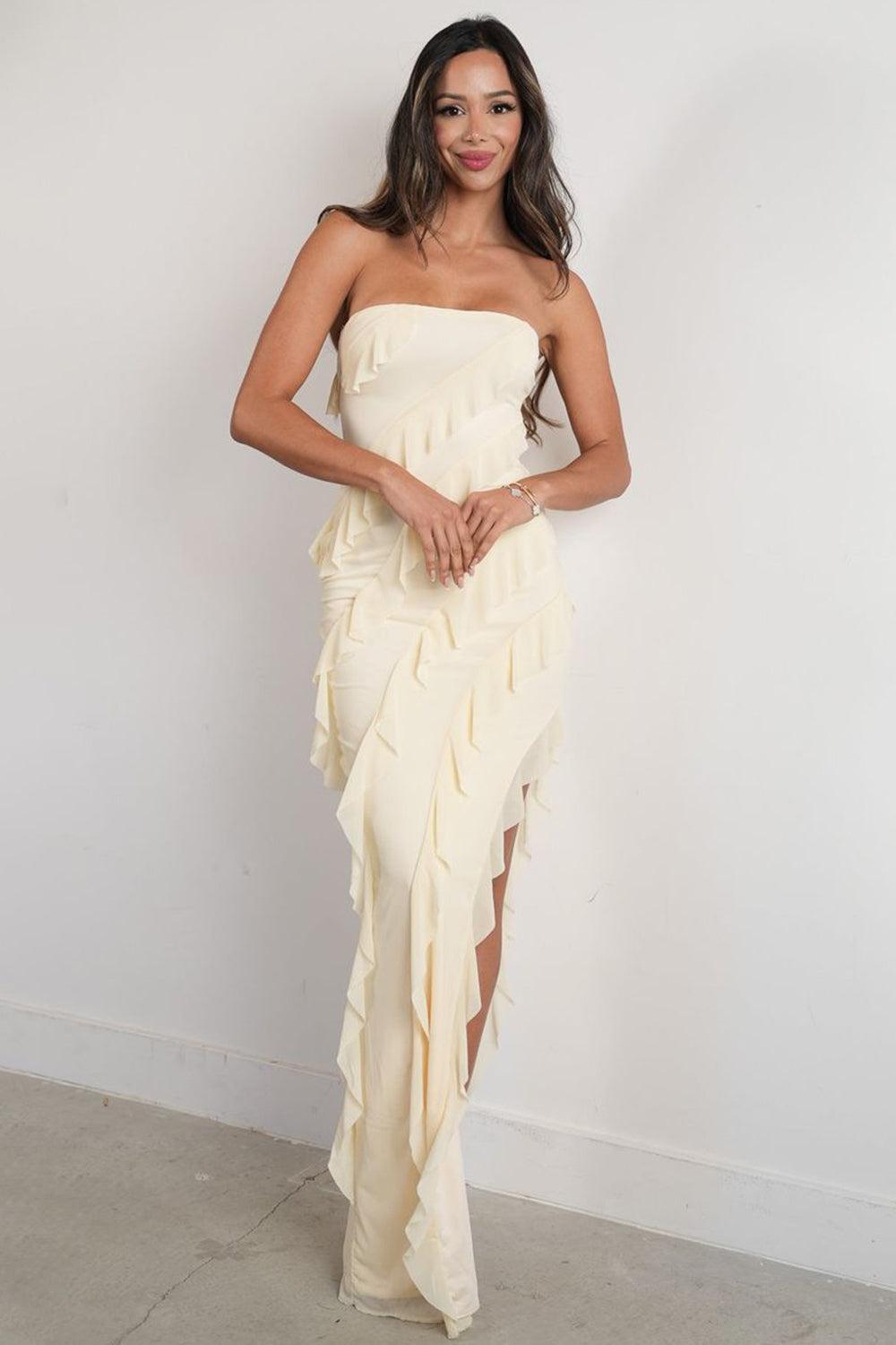 Elegant Pink Strapless Cascading Ruffle Long Prom Evening Dress Formal Evening Gown