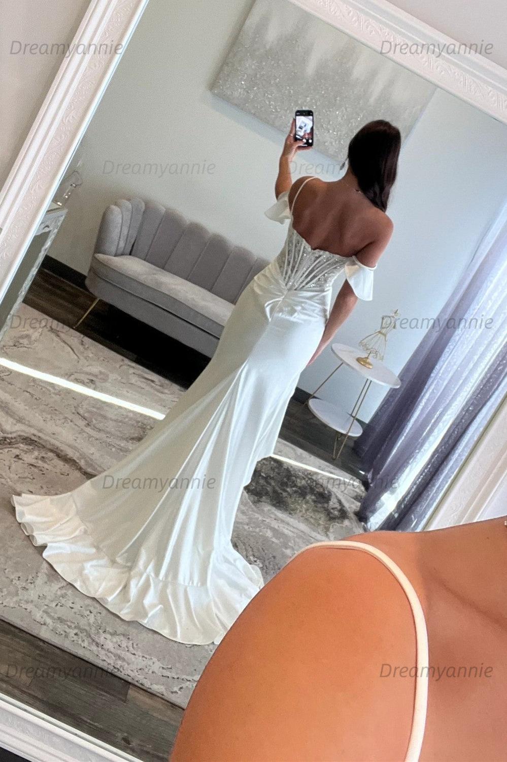 Elegant Ivory Lace Off The Shoulder Wedding Dress With Corset Bodice And High Slit Bridal Gown