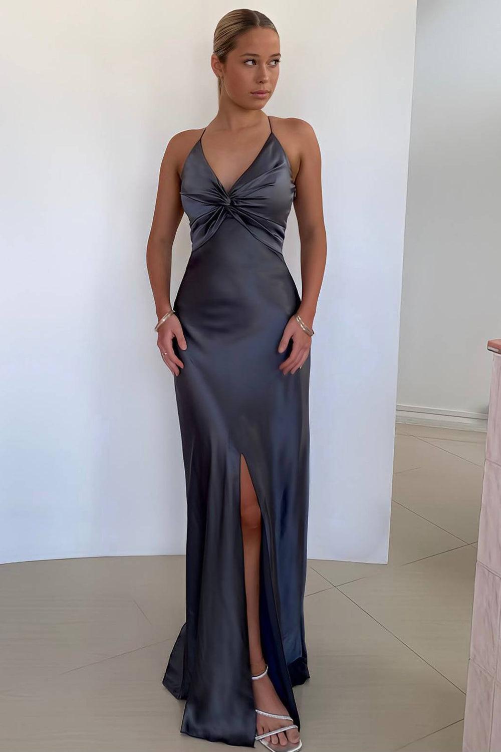 Elegant Yellow V-Neck Back Satin Gown With Front Twist Formal Evening Gown