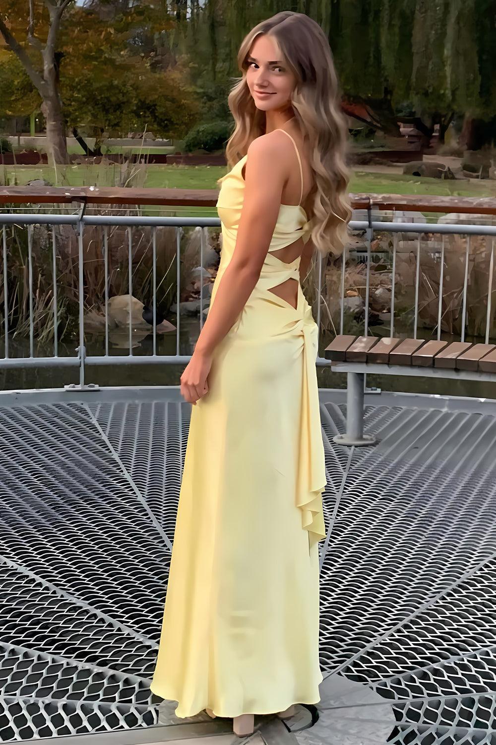 Elegant Yellow V-Neck Back Satin Gown With Front Twist Formal Evening Gown