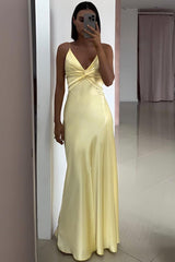 Elegant Yellow V-Neck Back Satin Gown With Front Twist Formal Evening Gown