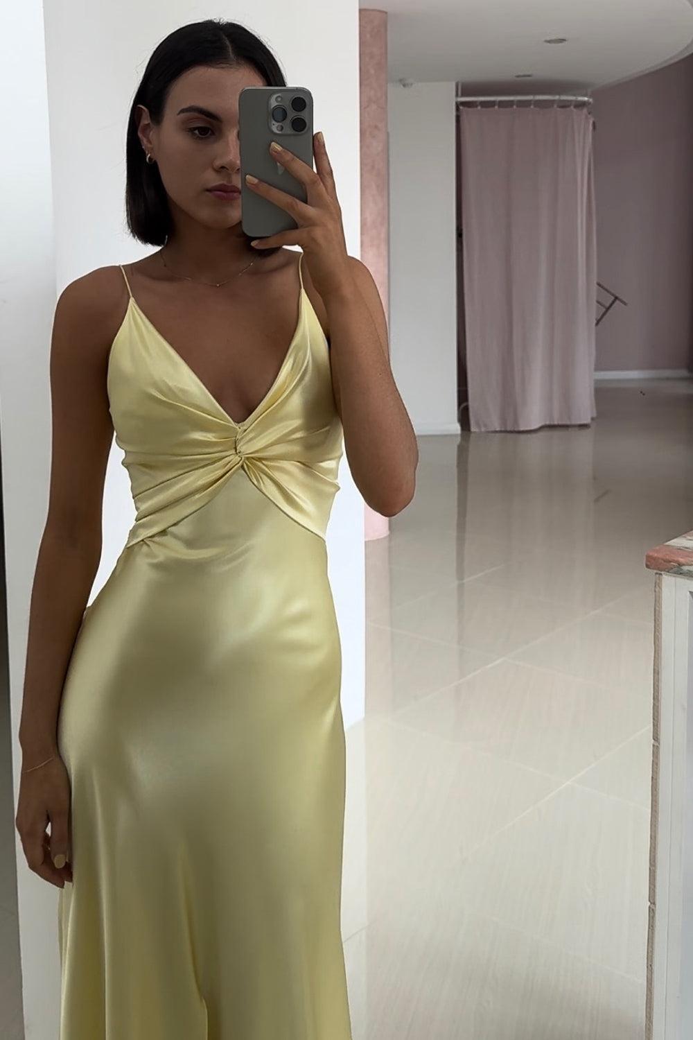 Elegant Yellow V-Neck Back Satin Gown With Front Twist Formal Evening Gown