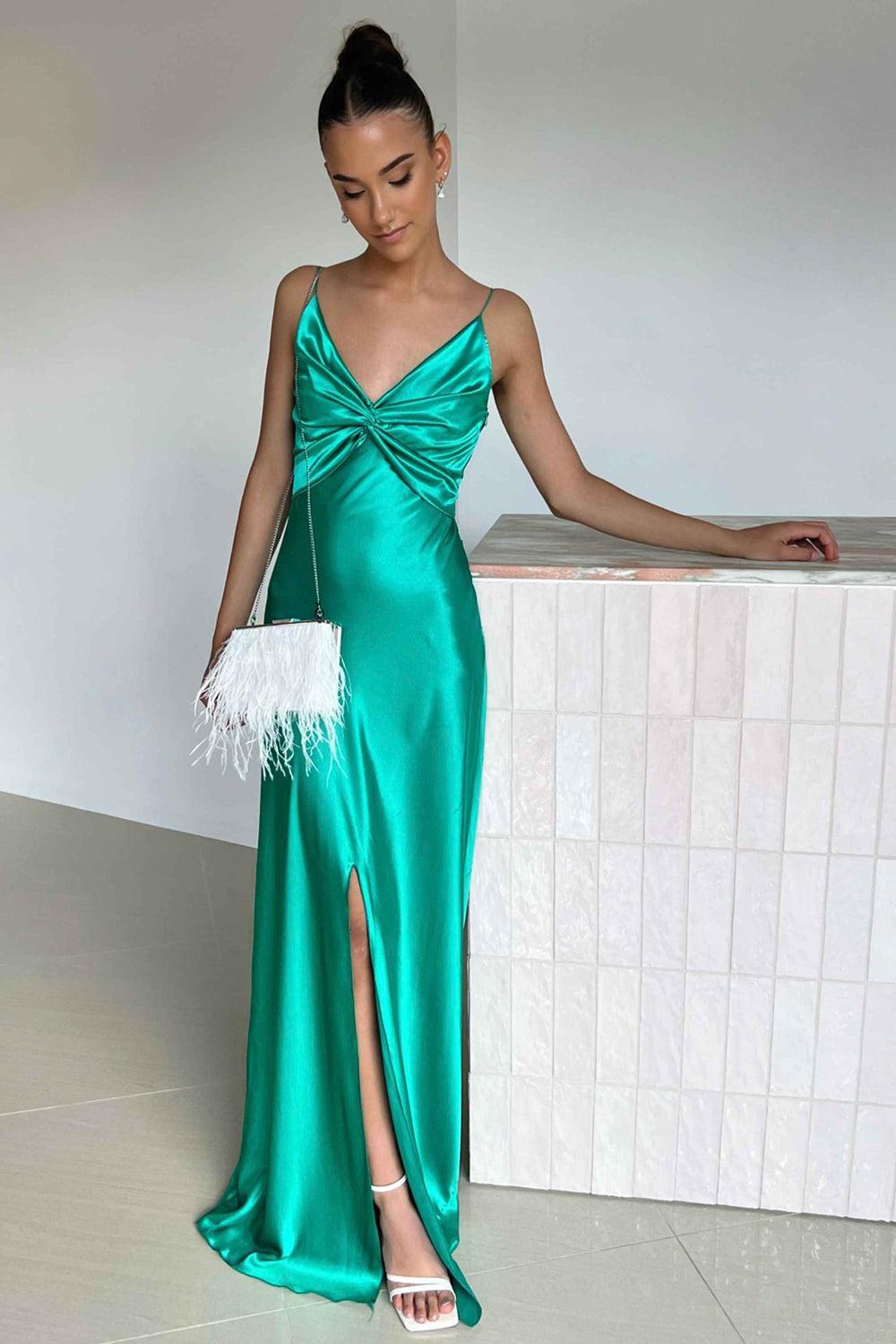 Elegant Yellow V-Neck Back Satin Gown With Front Twist Formal Evening Gown