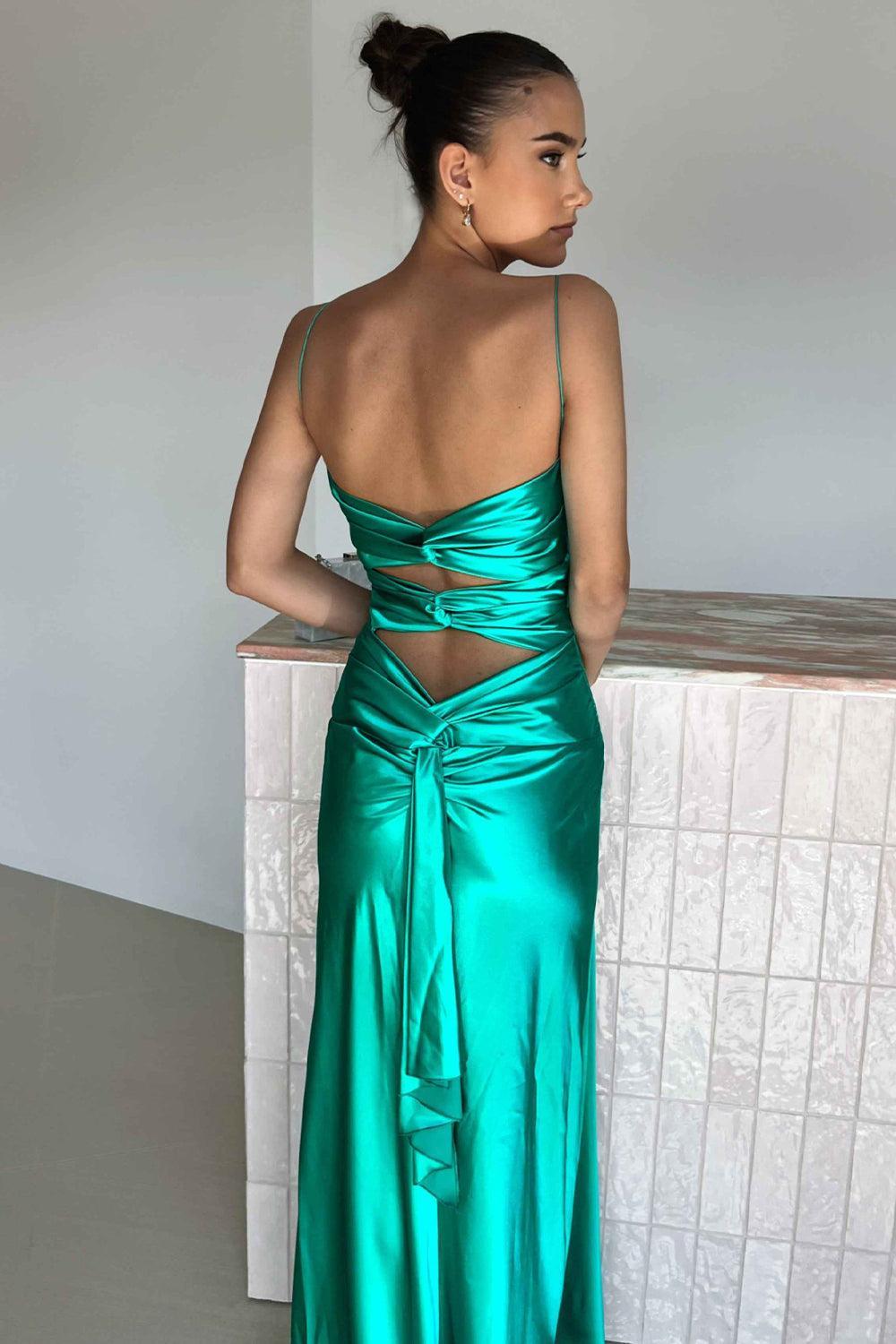 Elegant Yellow V-Neck Back Satin Gown With Front Twist Formal Evening Gown