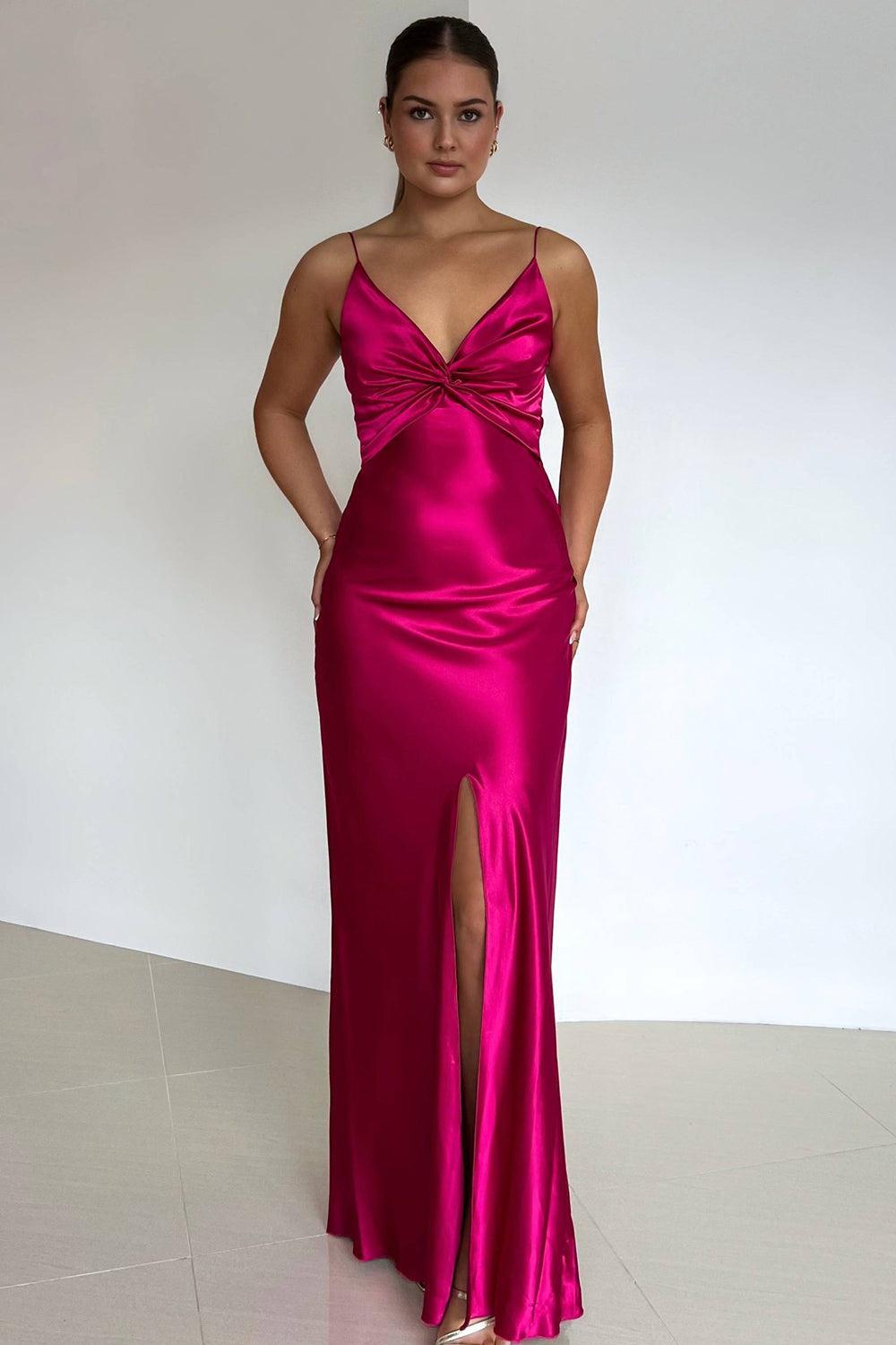 Elegant Yellow V-Neck Back Satin Gown With Front Twist Formal Evening Gown