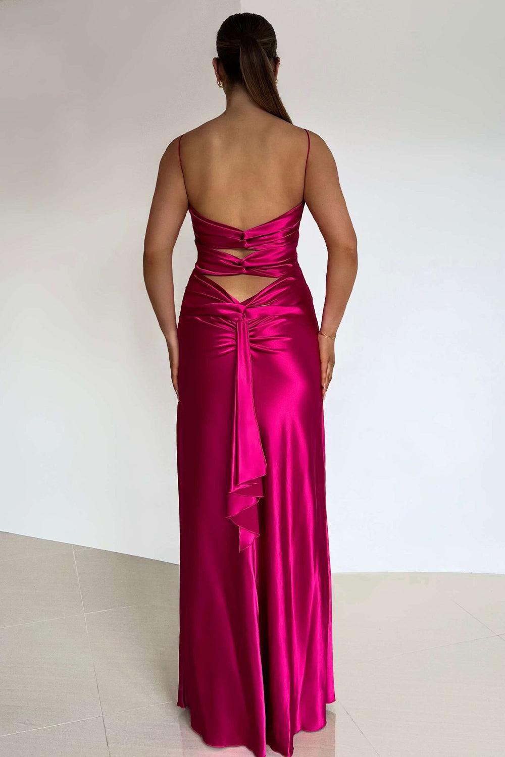 Elegant Yellow V-Neck Back Satin Gown With Front Twist Formal Evening Gown
