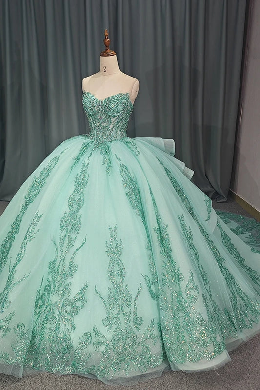 Mint Green Quinceanera Dress Tiptop Strapless Mexico Beaded Corset Sweet 16 Ball Gown Dress