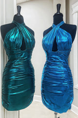 Emerald Green Homecoming Dress Cross Halter Satin Tight Short Prom Dress