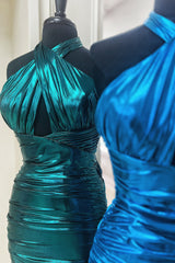 Emerald Green Homecoming Dress Cross Halter Satin Tight Short Prom Dress