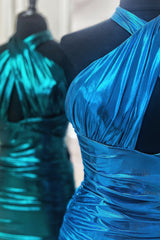 Emerald Green Homecoming Dress Cross Halter Satin Tight Short Prom Dress