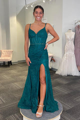 Emerald Green Prom Dress Mermaid Spaghetti Straps Long Formal Dress With Slit