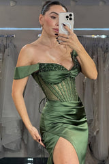 Green Mermaid Prom Dress Off the Shoulder Sequined Formal Dress