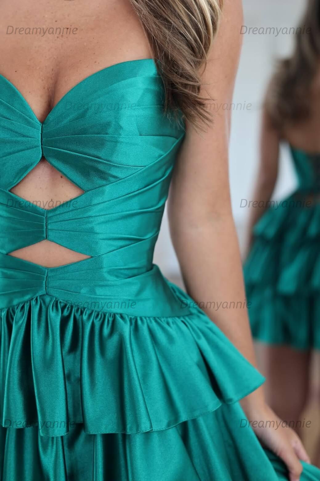 Emerald Satin Strapless Cut-Out Tiered Homecoming Dress