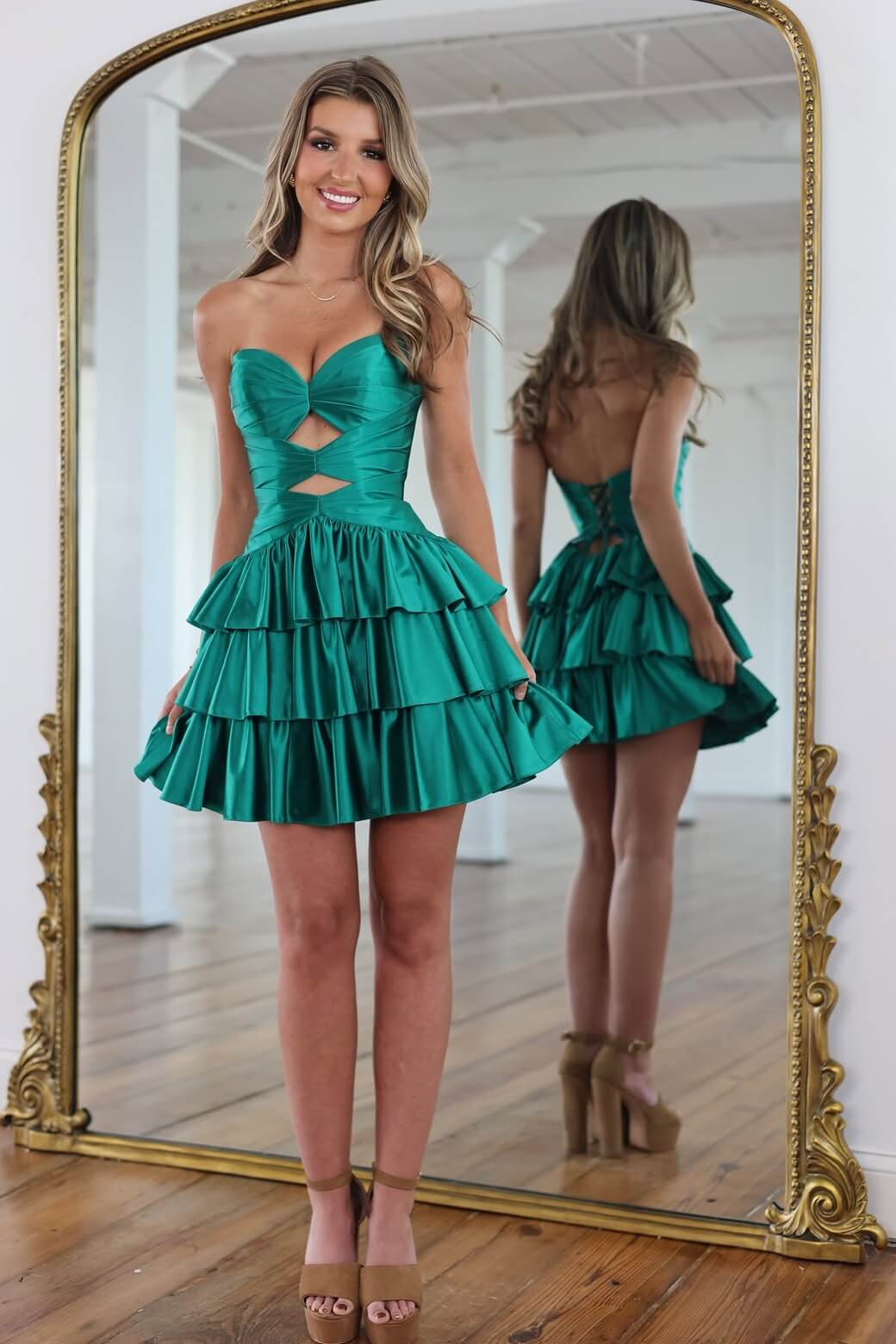 Emerald Satin Strapless Cut-Out Tiered Homecoming Dress