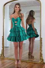 Emerald Satin Strapless Cut-Out Tiered Homecoming Dress