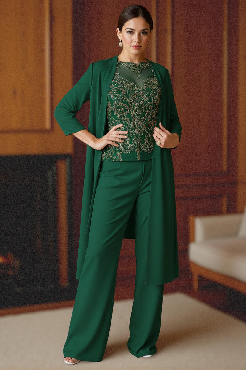 Dreamyannie Light Blue Bateau Neck Chiffon 3 Piece Mother Of The Bride Pant Suits With Jacket