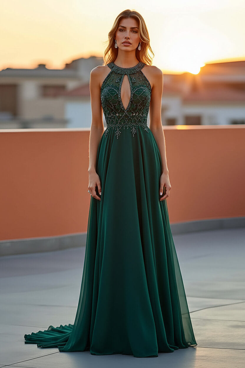 Dreamyannie Beaded Navy Wedding Guest Dress Halter Long Formal Dress With Embroideries