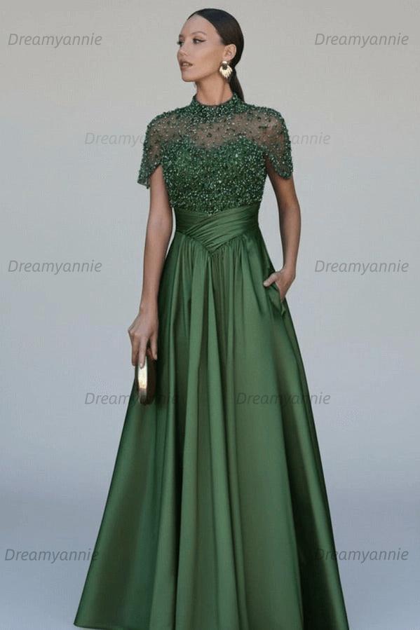 Green A Line Prom Dress Short Sleeve High Neck Beaded Formal Dress