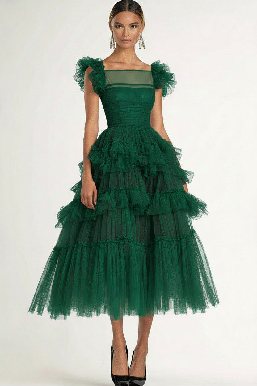 Dreamyannie Tea Length Black Wedding Guest Dress A-Line Flatter Sleeves Tulle Formal Dress With Ruffles