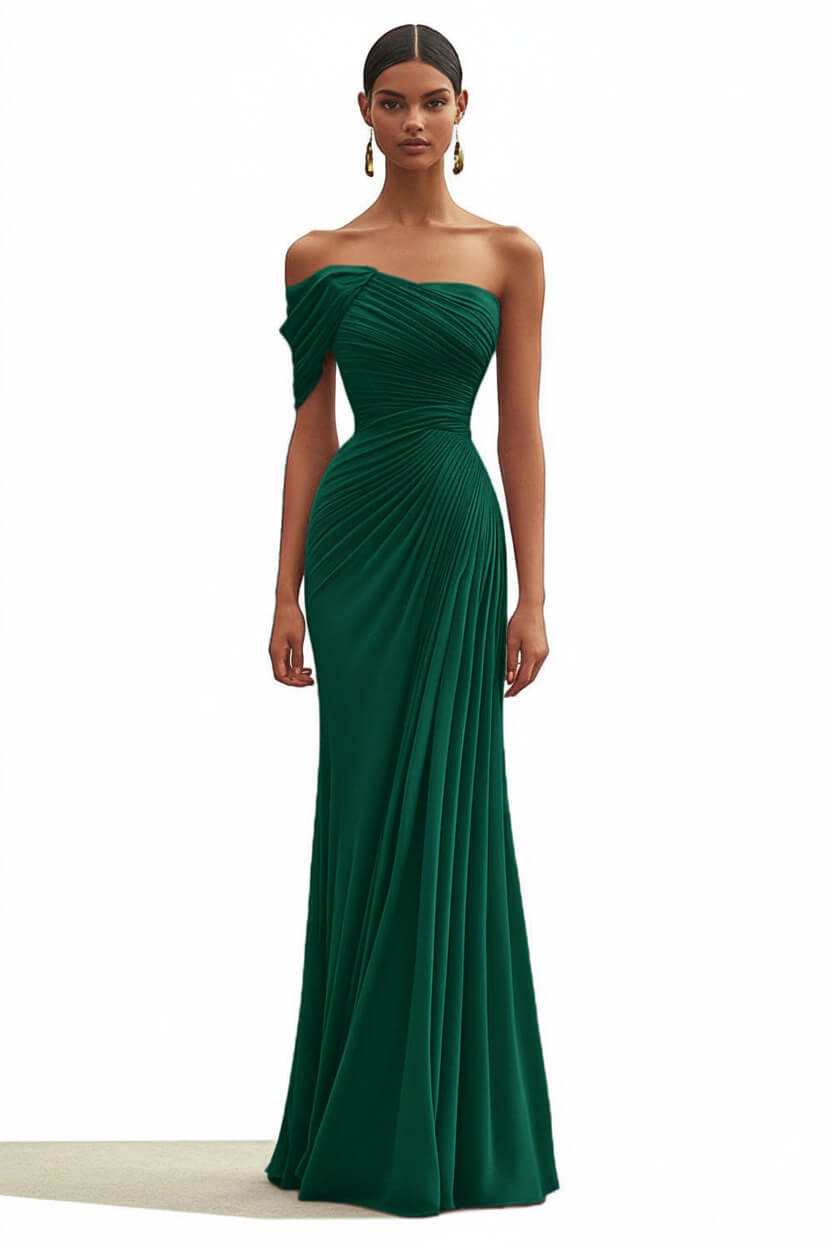 Dreamyannie One Shoulder Ruched Mermaid Dark Green Wedding Guest Dress Long Formal Dress
